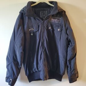 So Cal No Fear Brand Mens Black Bomber Jacket Quilt Lining Logo Patches Sz M